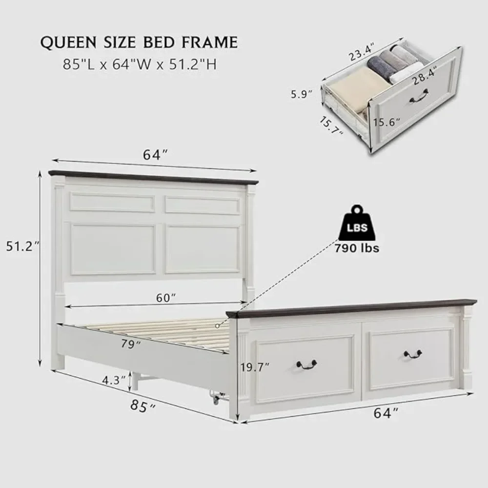 Farmhouse Queen Size Bed Frame with Wood Platform Bed Frame，Roman Column Decoration Footboard & 2 Large Storage Drawers