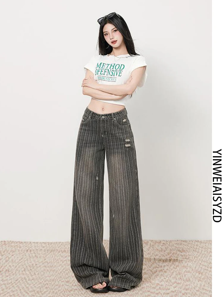 

Прямые джинсы с высокой талией, женские летние новые утягивающие рваные джинсовые брюки свободного покроя в вертикальную полоску