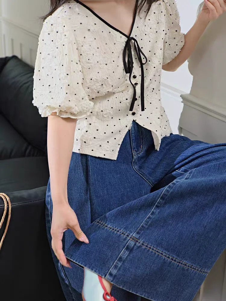 

Summer New Polka Dot irt Peach Color ort Design Sense Doll Girl Top Women's Faionable Casual Polyester Fiber V-ne