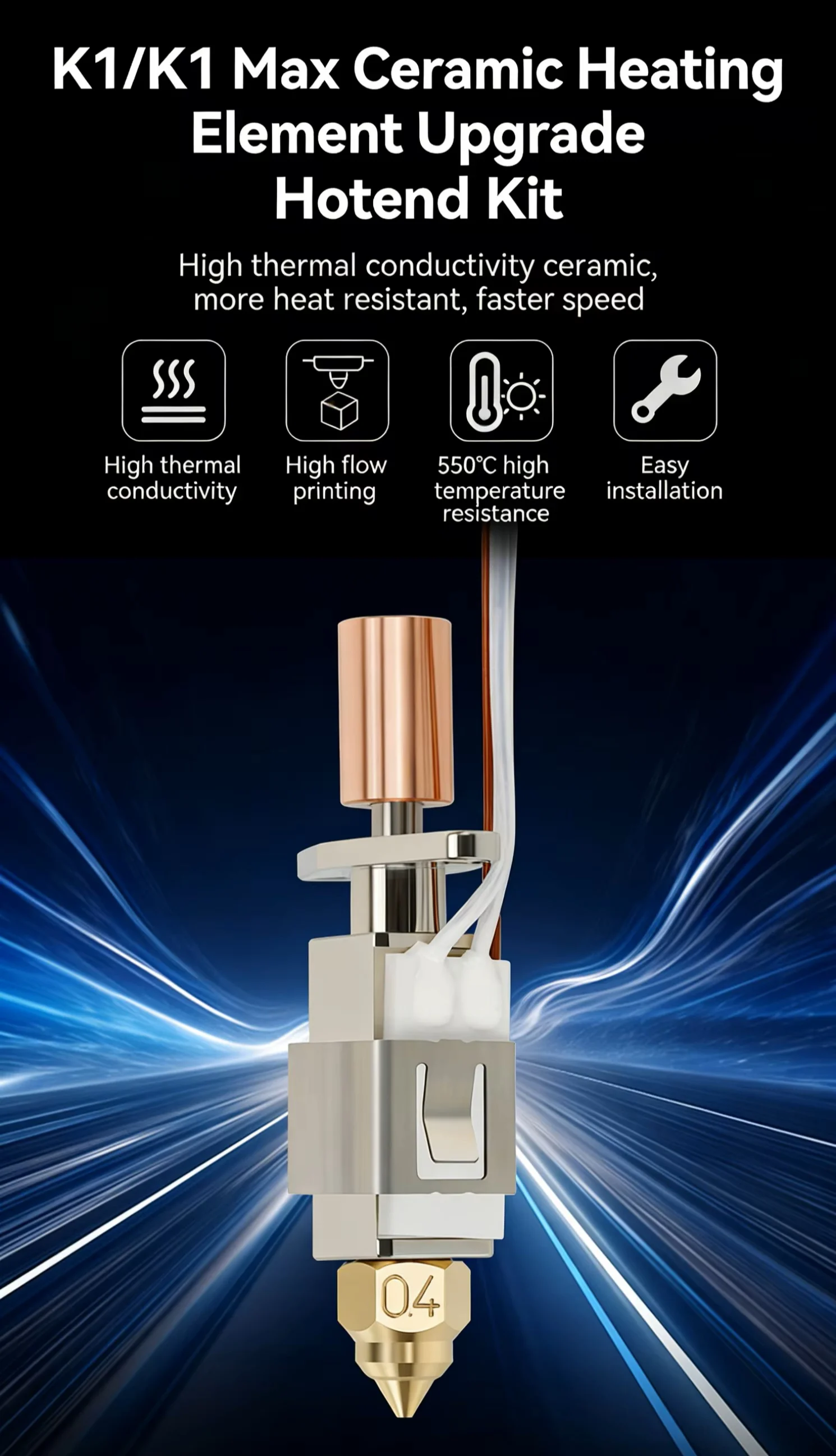 High Flow High Temp Hot End Kit, Brass & Hardened Steel Nozzle for Creality K1 K1 Max 3D Printer Upgrade