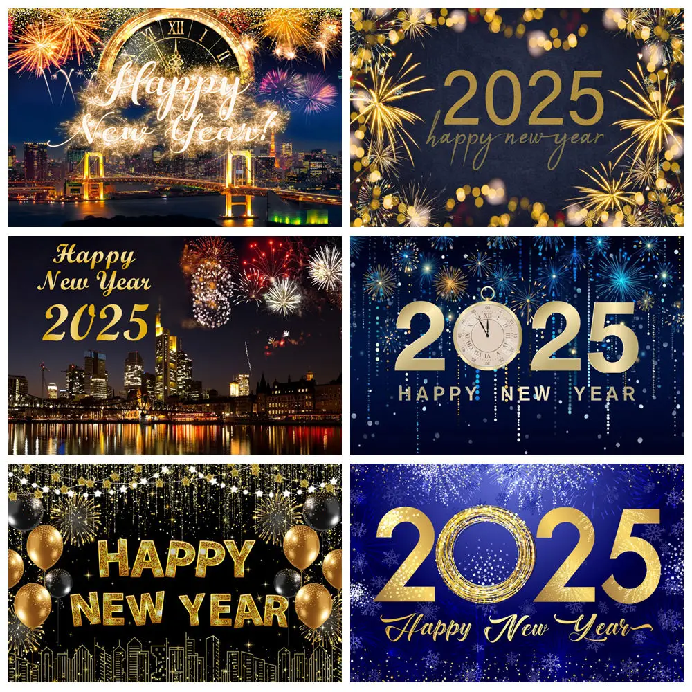 

Happy New Year 2025 Photography Backdrop New Year's Eve Fireworks Gold Balloons Family Party Background Decor Photo Studio Props