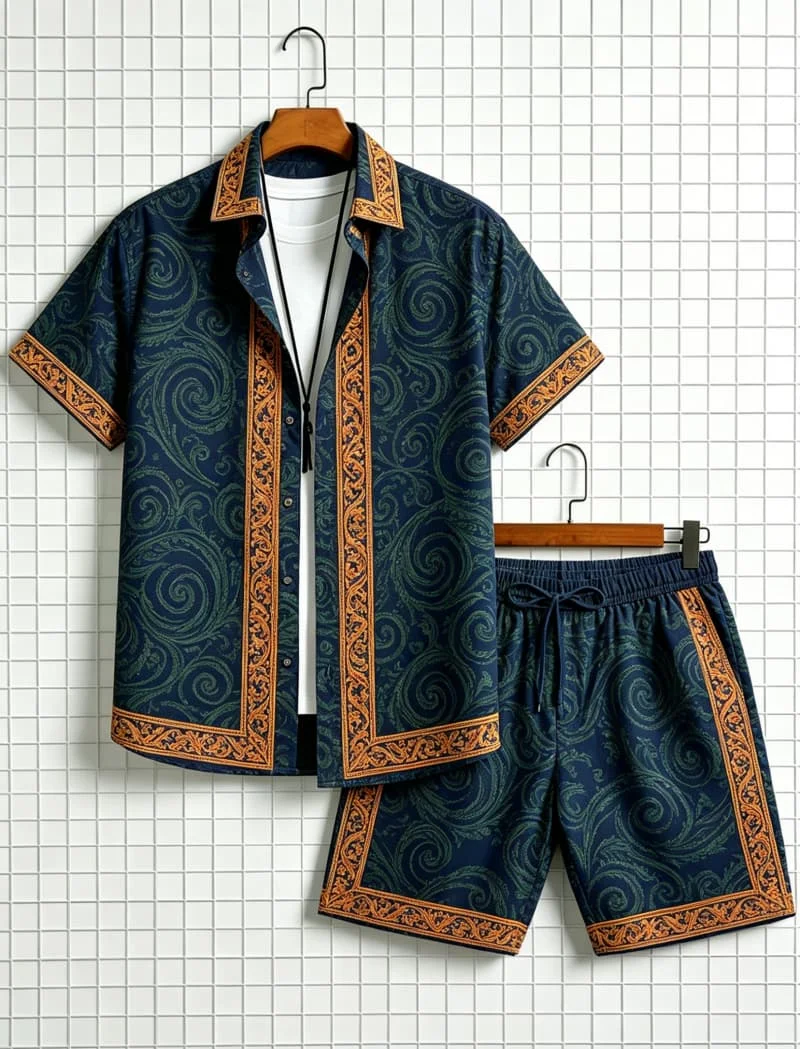Men's ethnic border printed short sleeved shirt and shorts set, fresh and elegant style, for daily leisure and outdoor travel view 3