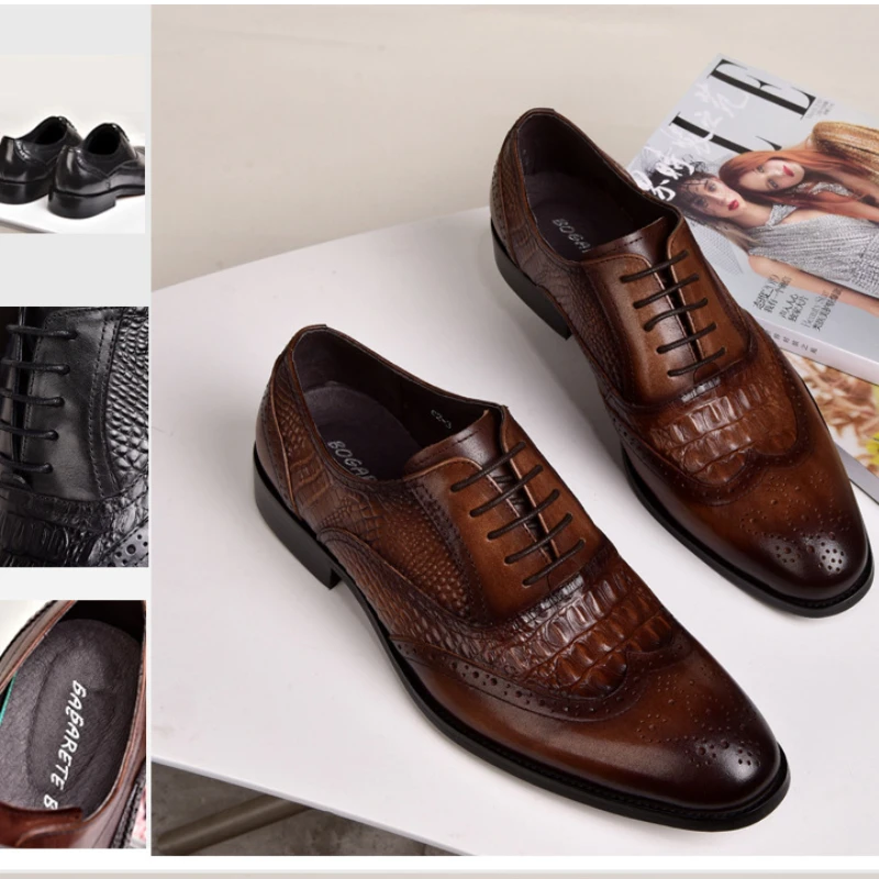 

New Crocodile Pattern Men's Shoes Pointed Toe Lace Up Dress Formal Brogue Shoes Retro Fashion Men Leather Oxfords Moccasins