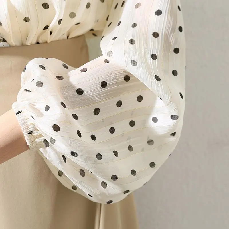 Vintage Elegant Chic Polka Dot Print Bright Silk Long Sleeve Blouse Top Women New Spring Autumn Casual Bow Lantern Sleeve Shirts