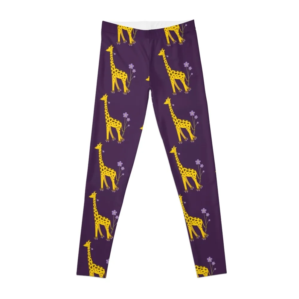 

Purple Cartoon Funny Giraffe Roller Skating Leggings Golf wear Women's pants Womens Leggings