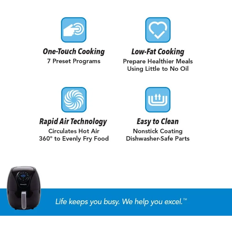 PowerXL エアフライヤー 7 QT Maxx クラシック、エクストラホットエアフライ、クック、クリスプ、ブロイル、ロースト、ベイク、高光沢仕上げ、ノンスティック、ブラック