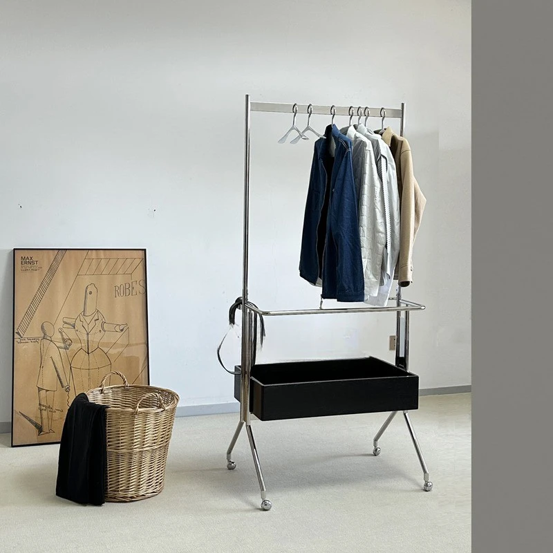 Stainless steel coat rack with storage box movable clothes rack home bedroom floor dirty clothes basket clothes rack