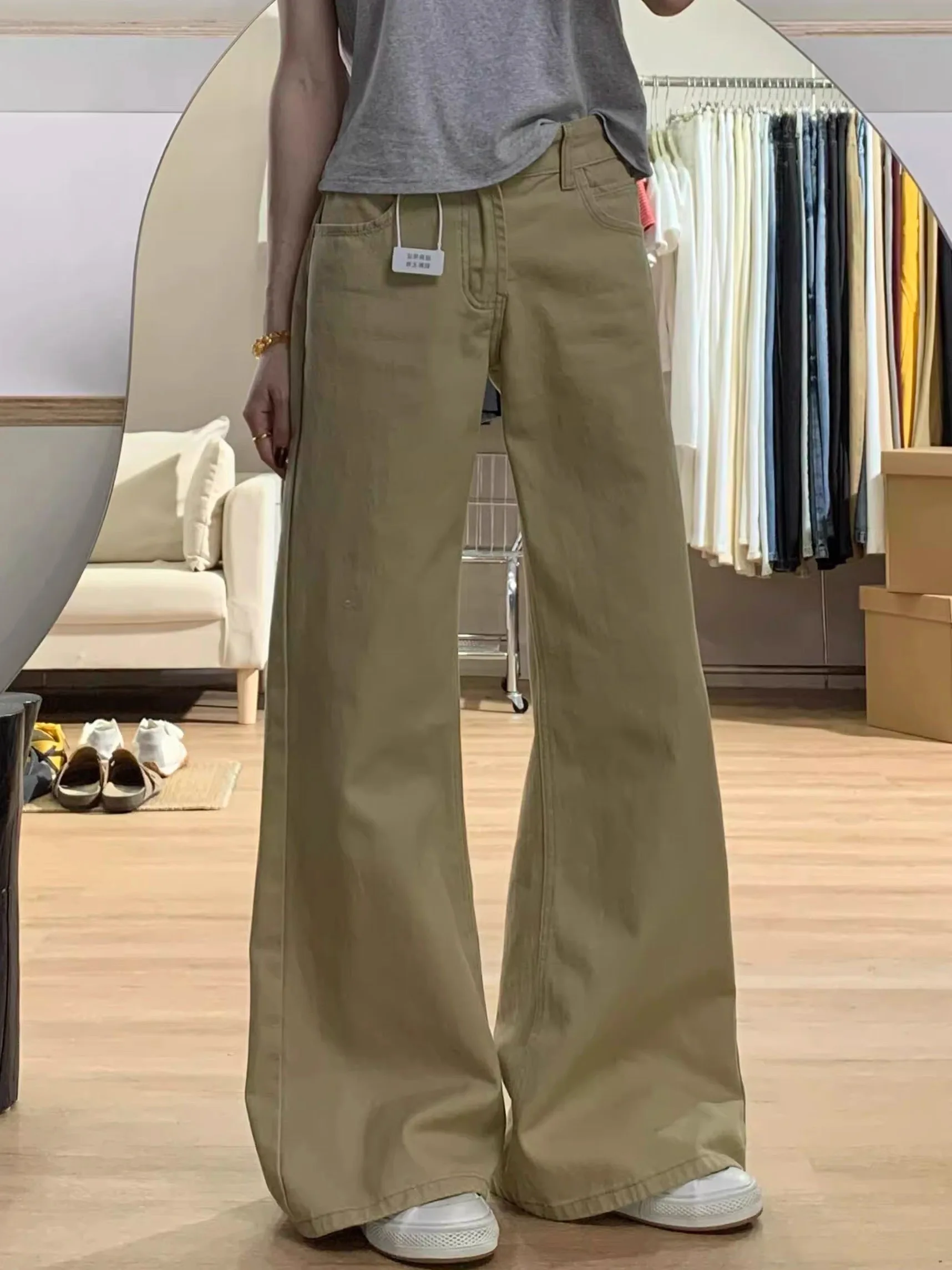 Petite femme américain kaki taille basse jean légèrement évasé sans jambe collant coupe ample minceur jambe large drapé pantalon