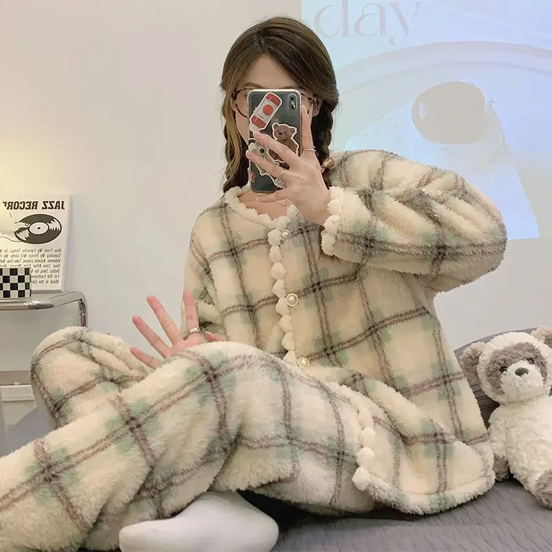 Winter Warm Plaid Sleepwear Casual Women Pajamas Set Ruffles Piiama Pants 2 Pieces Fluffy Button Night Wears Pyjamas Home Wear