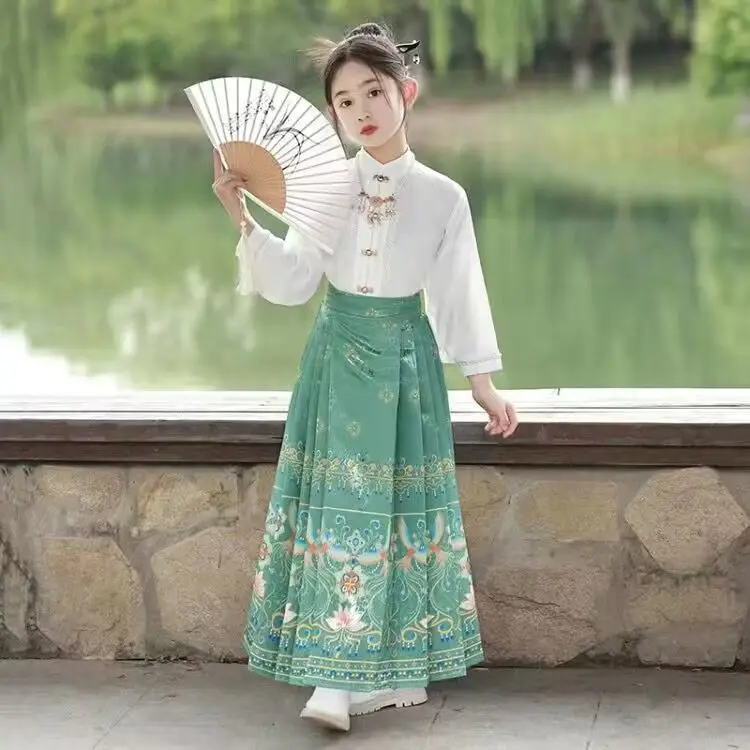 Girls' Horse Face Skirt Set Summer New Ming Chinese Style Hanfu Vintage Ethnic Style Two-piece Children's Tang Costume