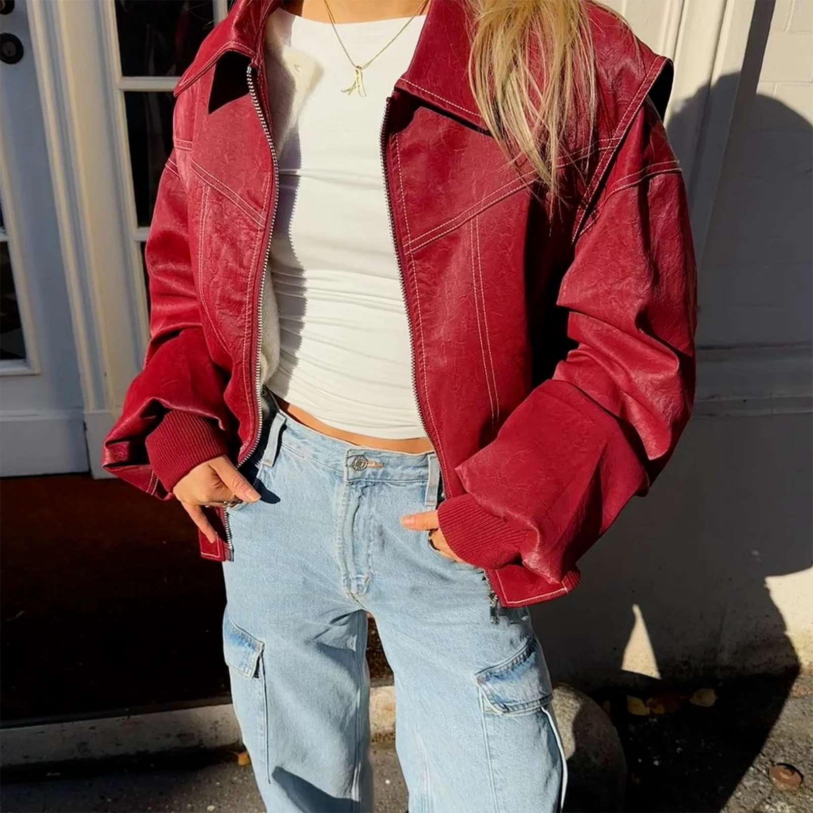 

Cool Women Leather Jacket Lightweight Casual Solid Color Zipper Front Long Sleeves Fall Cardigan for Outwear Streetwear