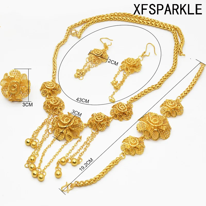 

2023 China's latest design 24k gold fringe necklace earrings bracelet ring jewelry set