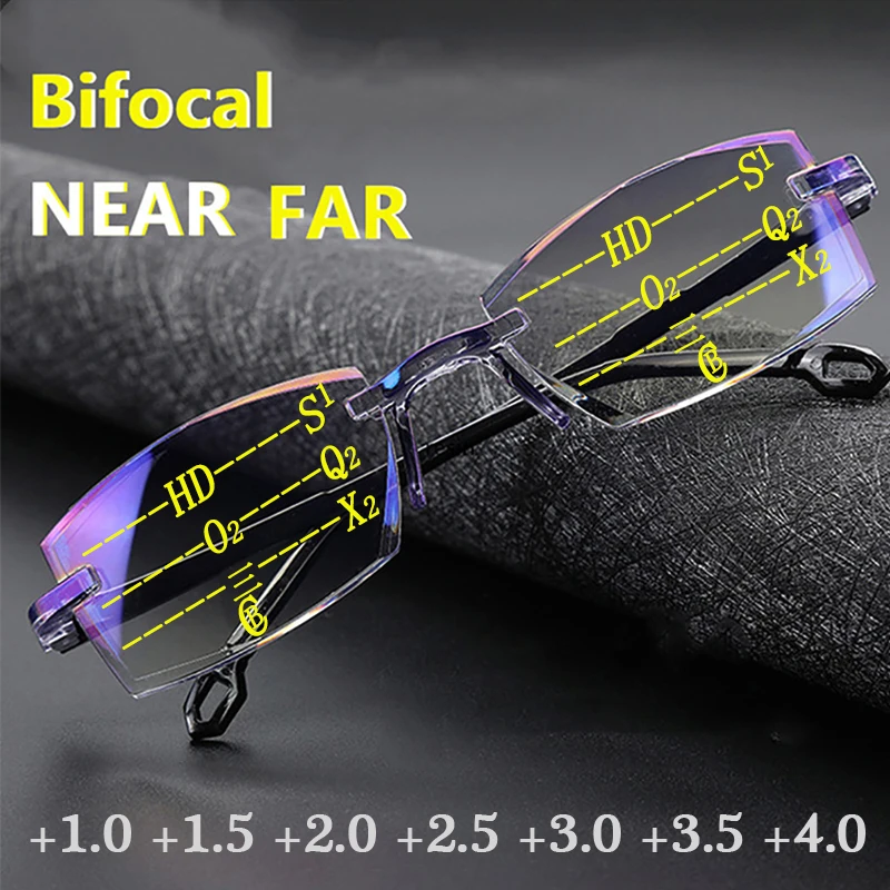 

2022 Bifocal Progressive Reading Glasses Diamond-cut Men Blue Light Blocking Multifocal Eyewear Ultralight Rimless Eyeglasses