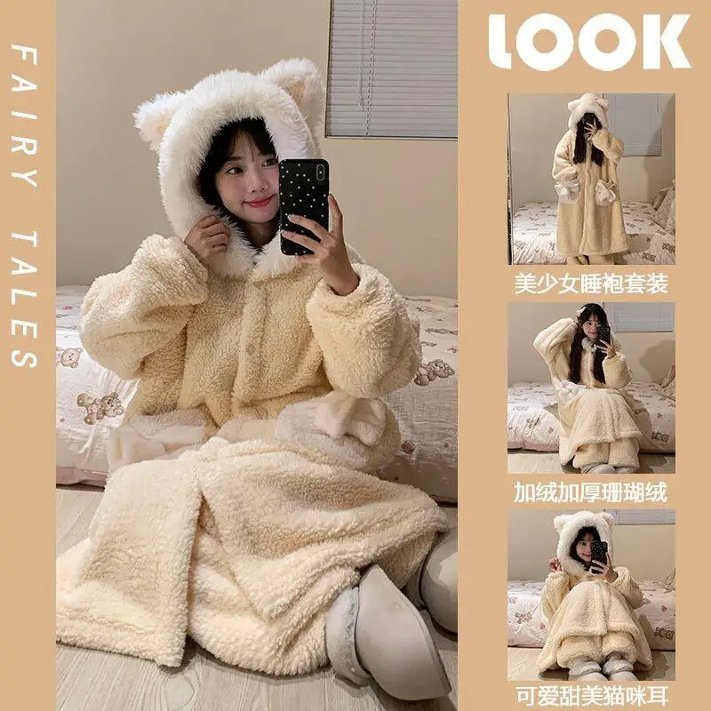 

Comfortable Sleepwear Women's Pajama Set Femme Autumn Winter Ins Princess Wind Robe and pants Loungewear Home Clothes for Girl