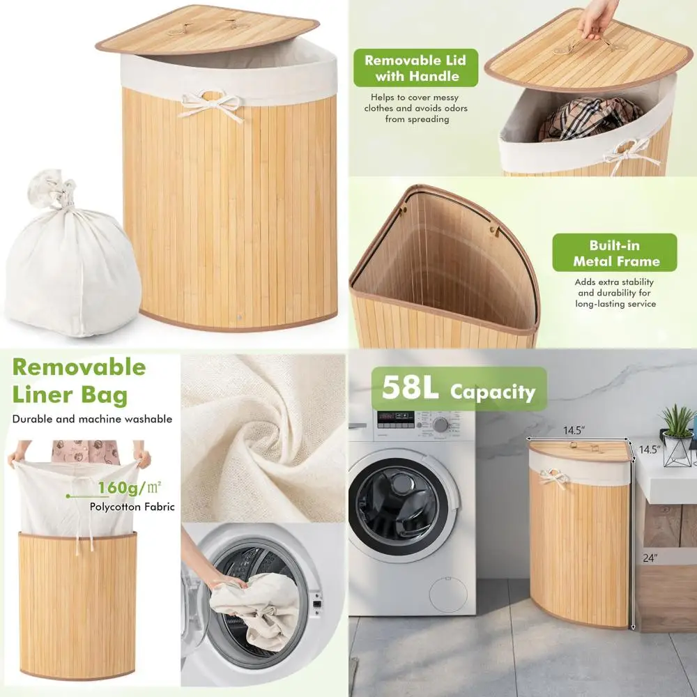 

Большая бамбуковая корзина для белья с крышкой, съемной подкладкой и ручкой для небольших помещений.