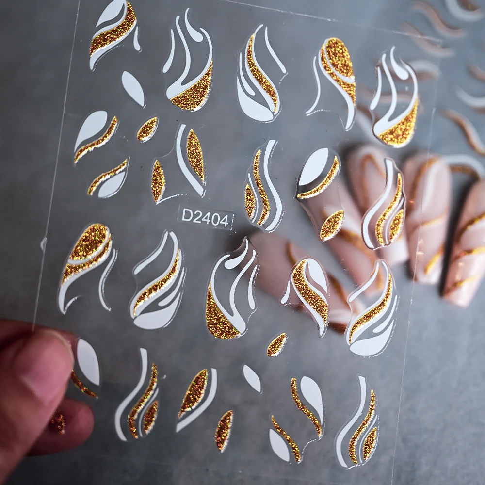 1 Uds. Pegatinas 3D de líneas de brillo francés para decoración de uñas, pegatinas láser doradas/plateadas onduladas autoadhesivas con raya deslizante, calcomanías de manicura de lujo *