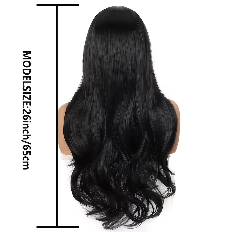 Black Synthetic Wig with Big Waves and Parting. Halloween Cosplay Wig for Everyday Party. High-Temperature Synthetic Hair Cap.