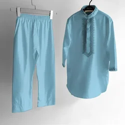 Jalabiyat-Caftan marocain pour enfants, Abaya arabe pour enfants, ensembles musulmans saoudiens, 3 couleurs, ramadan, Pakistan, garçon, broderie, 2 pièces, 2024