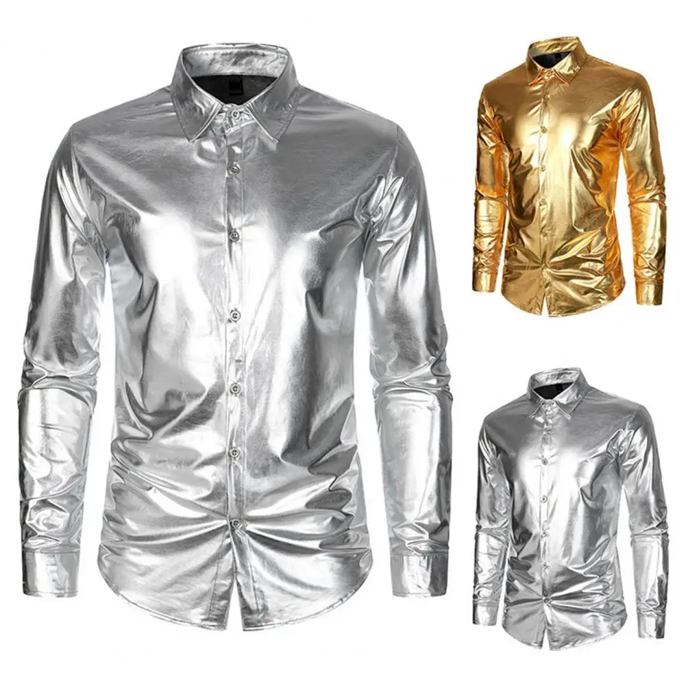 Lightweight Men Shirt Men Long Sleeve Shirt Men's Glossy Satin Performance Shirt with Turn-down Collar Single-breasted for Club