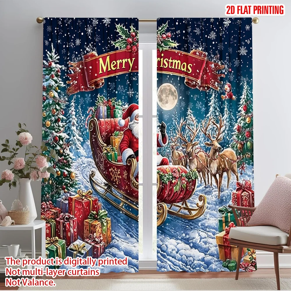 2pcs,2D plane printing Popular Curtain Panels Santa Claus reindeer sleigh Polyester (without rod) Versatile All Perfect for
