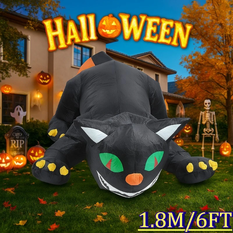 6FT Inflatable Toys Shaking Head Cat Halloween Model Built-in Green Eyed Red Lights LEDInflatable Yard Decorations Party