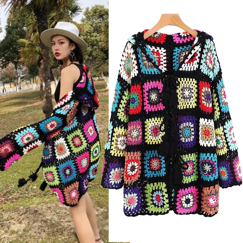 

Luxury Handmade Bohemian Tassels Hooded Knitted Cardigan Hook Flower Hollow Sweater Jacket Lace Up Fringed Open stitch Outwear