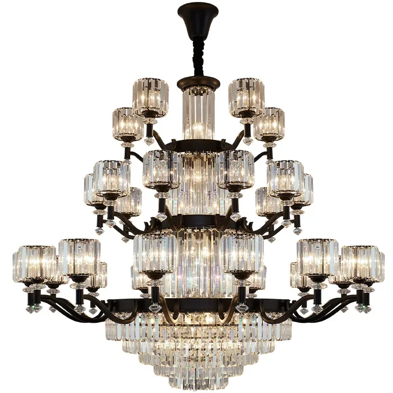 Black American Retro Crystal Chandelier for Duplex Villa Staircase Living Room Middle Floor Lighting Fixture