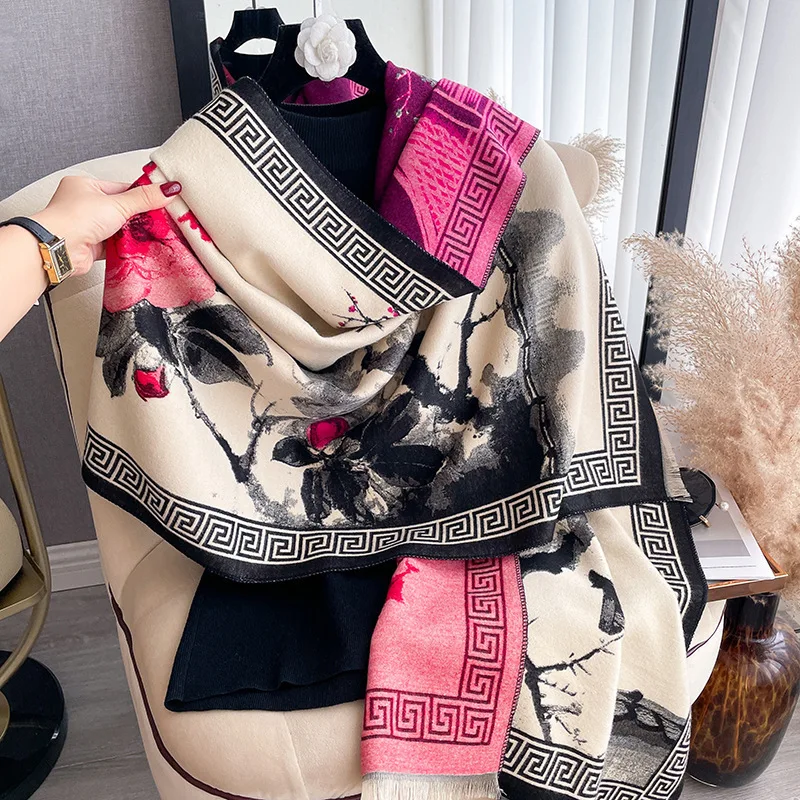 

winter new style imitation cashmere plum blossom retro ink pattern printed double-sided warm scarf and shawl outerwear