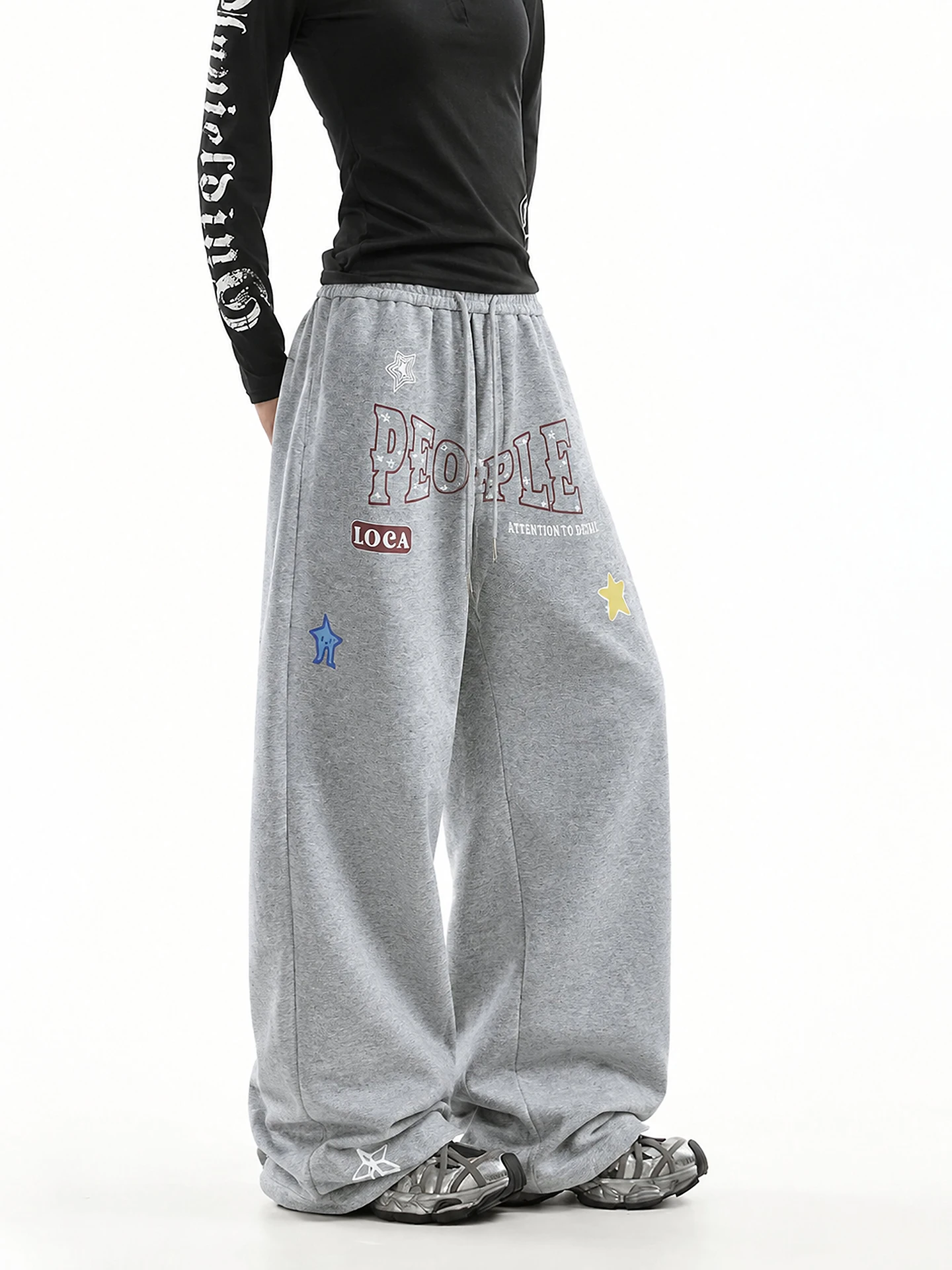 Gray Color Block Wide Leg Sweatpants Women's Loose Fit Trousers Ant Pattern Printed Comfortable Casual Straight Leg Pants