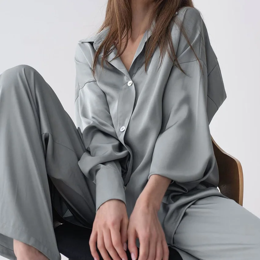 

Long Sleeve Shirt Trouser Suits Pajamas for Women Spring Summer Sleepwear Pyjama Pour Femme Loose Casual Rayon Homewear Lingerie