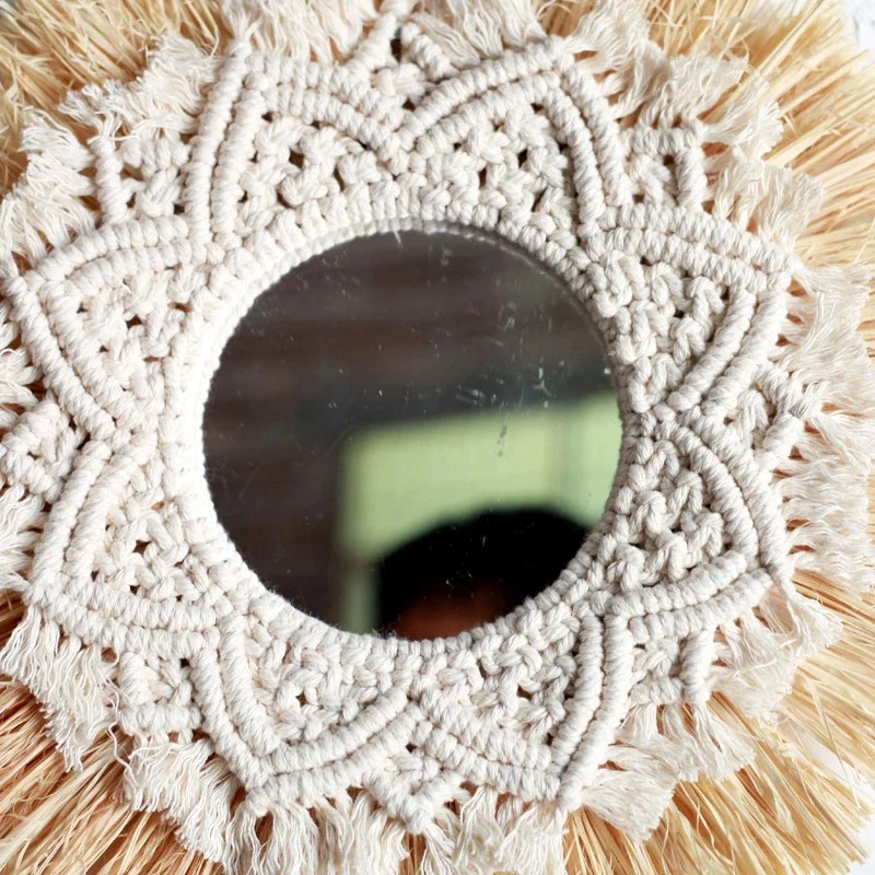 Nordic Straw Woven Hotel Bed and Breakfast Wall Boho Decor Handwoven Mirror Wall Decoration Macrame Decorative Mirror