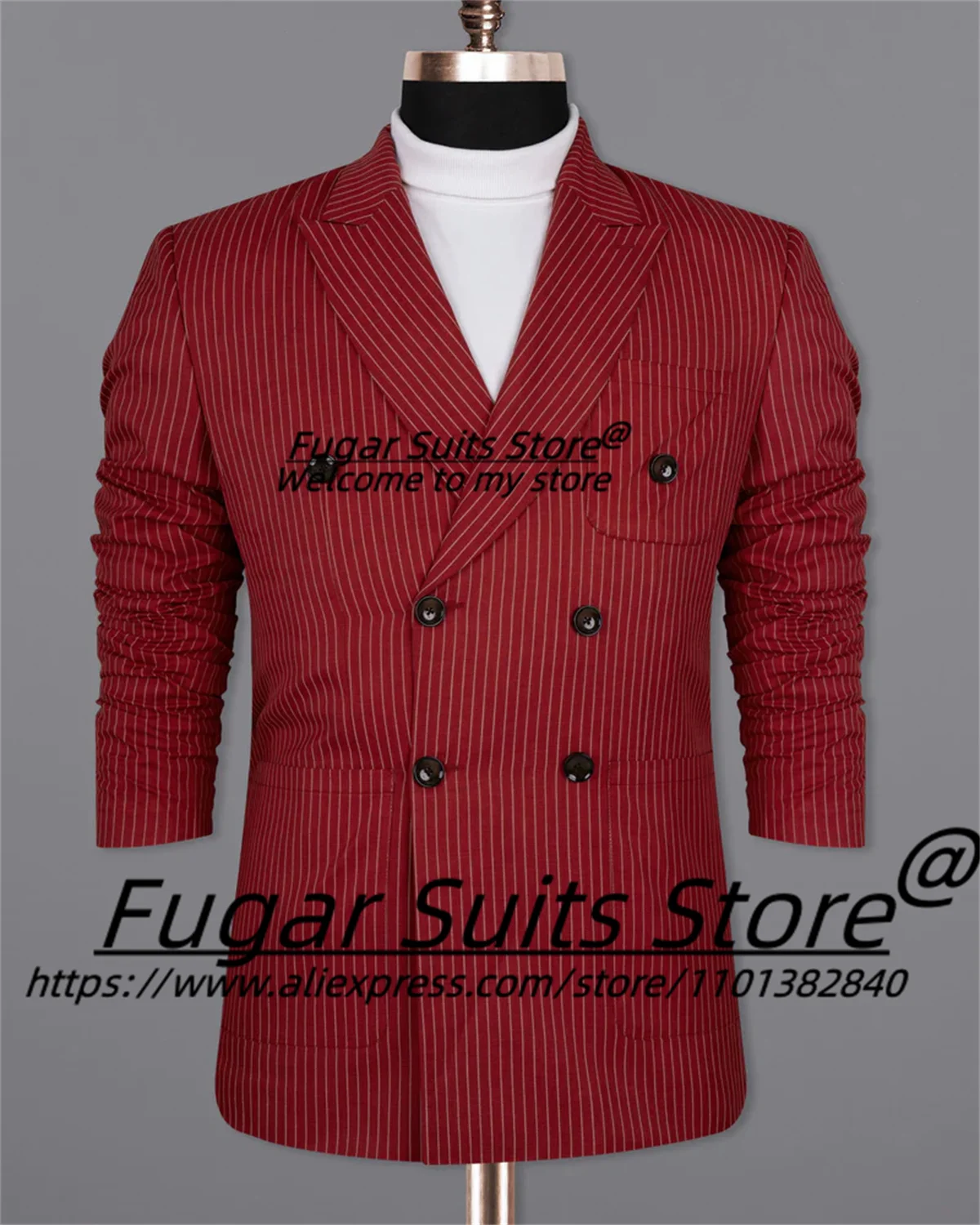 

Business Red Stripe Wedding Suits For Men Slim Fit Double-breasted Groom Formal Tuxedos 2 Pieces Sets traje de hombre elegante