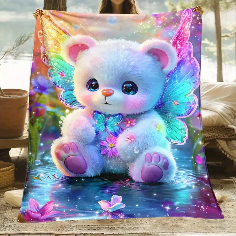 Rainbow Wing Bear Fantasy Fairy Tale Sparkle Water Scene Soft Cozy Throw Blanket for Sofa Bed Whimsical Touch