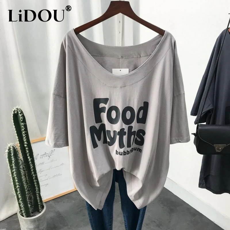 

2023 Summer Oversized Letter Printed Casual Tees Ladies Loose All-match Short Sleeve Tops Women Korean Fashion Pullover T-shirt