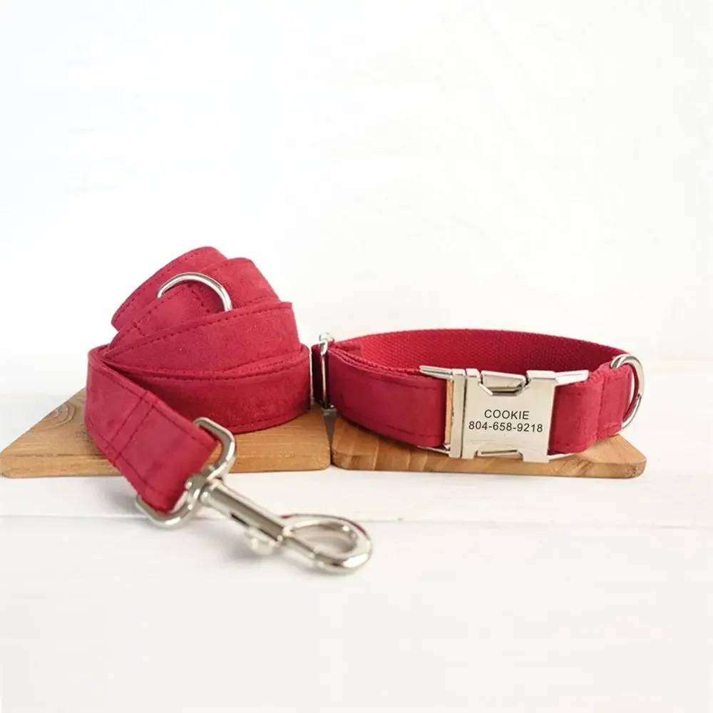 Personalized Pet Collar Customized Nameplate ID Tag Adjustable Soft Red Suede Fabric Cat Dog Collars Lead Leash