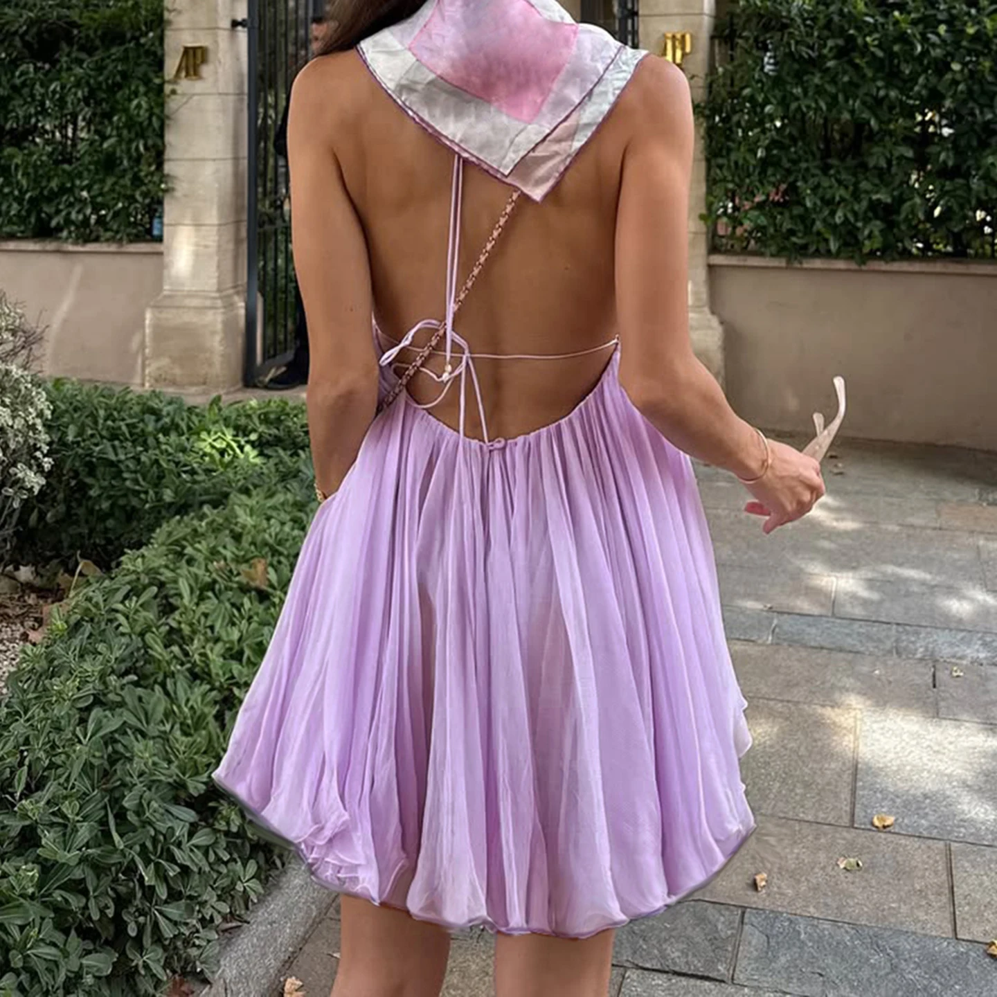 

[RUOKE] Vacation Sweet Dress Women Sexy Halter Deep V-neck A-line Mini Slip Dress Summer Flowy Pleated Sundress Beach Party Date