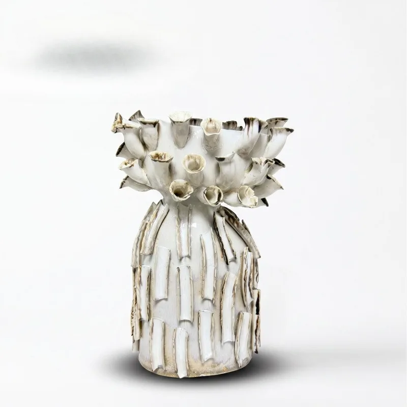 Modern art ceramic vase, off-white distressed bud relief, soft furnishing display