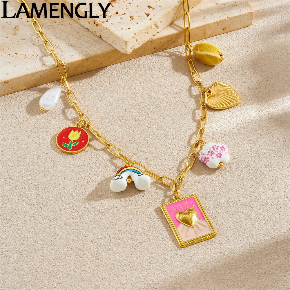 

LAMENGLY 316L Stainless Steel Cute Cartoon Rainbow Flower Heart Pendant Necklace Women Romantic Fresh Neck Chain Designer Gift