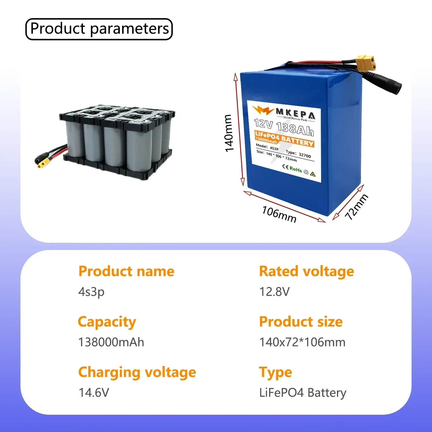 Brand new 32700 12V Lifepo4 high-power 138000mAh  battery pack, suitable for electric boats and uninterruptible power supplies