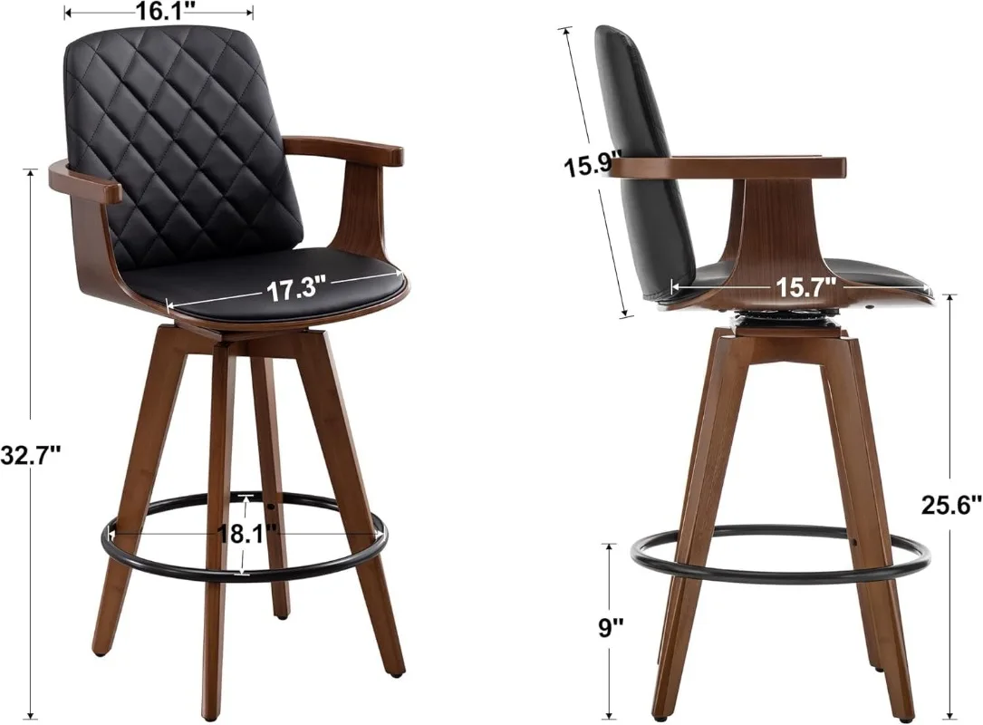 Bar Stools Set of 2 Upholstered Faux Leather Counter Height Bar Stools Swivel Barstools with Wooden Arms and Legs (Black-9)