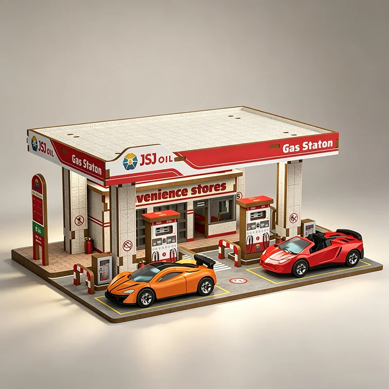 1:64 Scale Wooden DIY Diorama Kit With LED Ambient Light Gas Station Coffee Shop Parking Lot Alloy Car Model Display Storage Gif