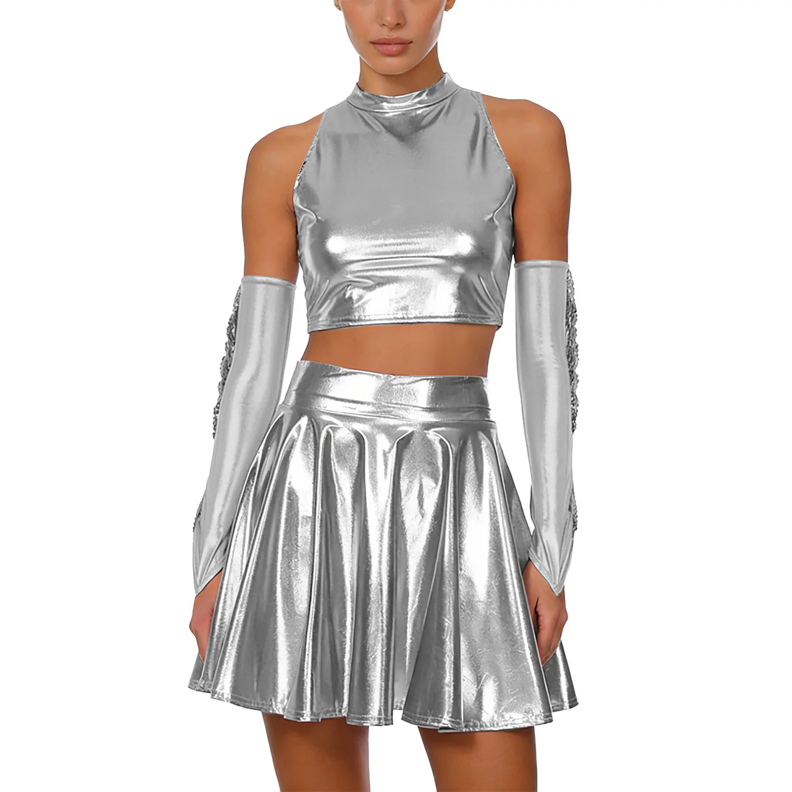 

Элегантный женский костюм для выступлений: металлический жилет, мини-юбка и перчатки для джаза, танго, бальных танцев и рейвов