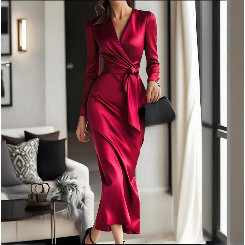 QICHE 2026 Fall New Women Sexy V Neck High Waist Tie Waist Slim Maxi Dress, European Style Long Dress