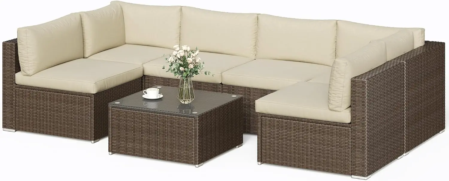 7 Piece Patio Sectional Sofa  Conversation Sofa Set with Glass Table, Removable  Cushions