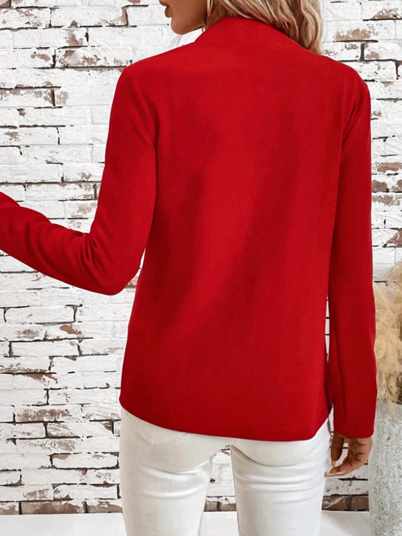 Toto elegantní červené sako bez knoflíků pro ženy na podzim a zimu je zeštíhlené a všestranné, vhodné na dojíždění. - náhled 2