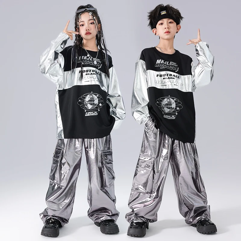 Kids Street Dance Clothing Hip Hop Silver Tops Pants Long Sleeves Suit Boys Performance Costume Girls Jazz Stage Wear BL13896