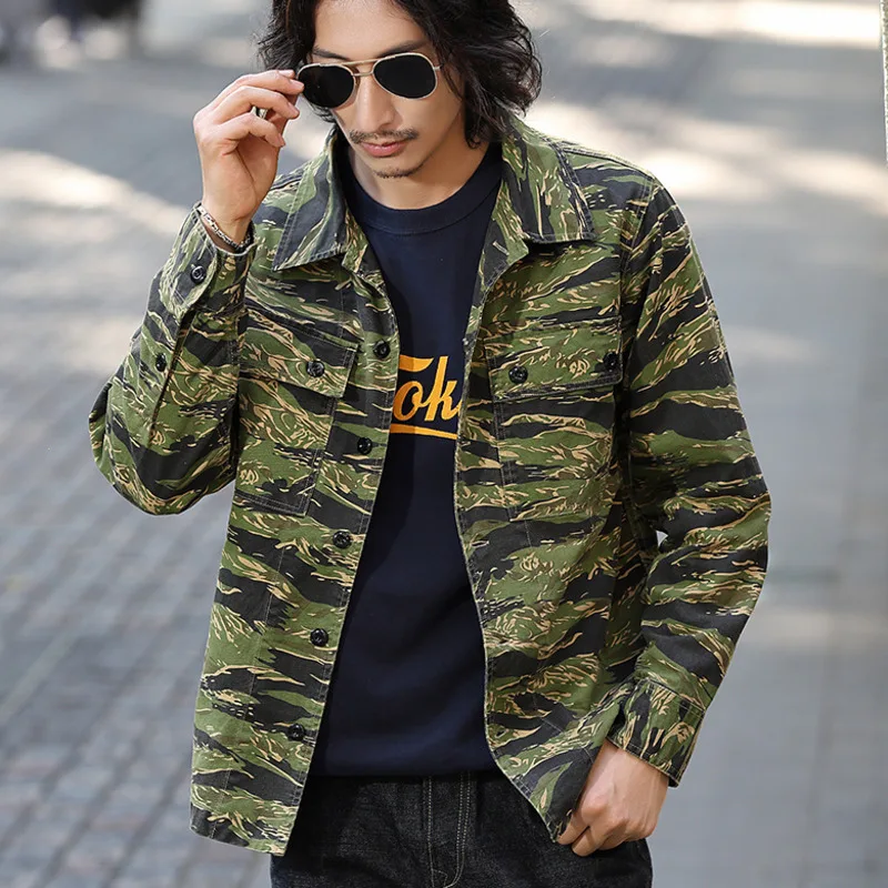 2024 Spring Men\'s Tiger Stripe Camo Camouflage Cargo Shirt Fashion Work Engineer Long Sleeved Shirt Jacket With Double Pockets