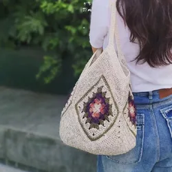 Borsa a tracolla da donna con griglia della nonna intrecciata a mano, borsa per la spesa casual, borsa, semplice, alla moda, bella e generosa