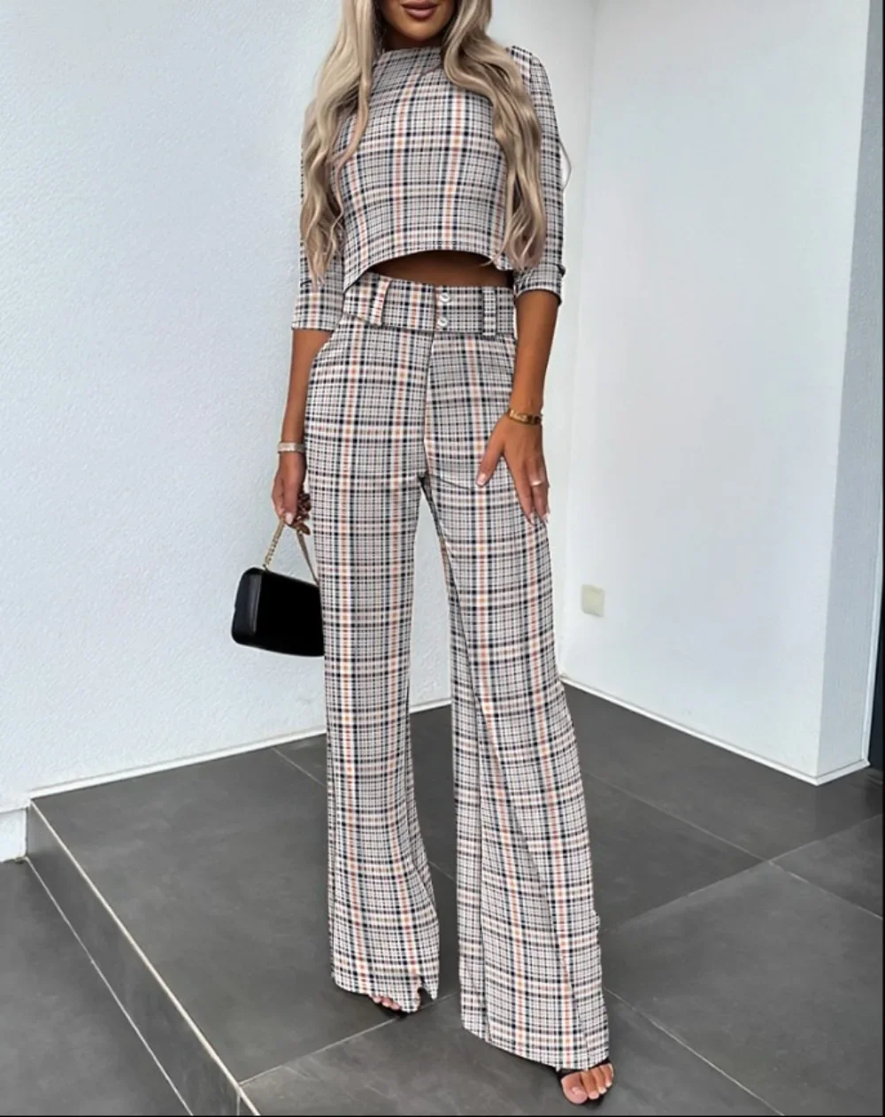 

Two-Piece Set for Women, High Waisted Suit Pants, Office Wear, Short T-Shirt, Fashion Print, Autumn