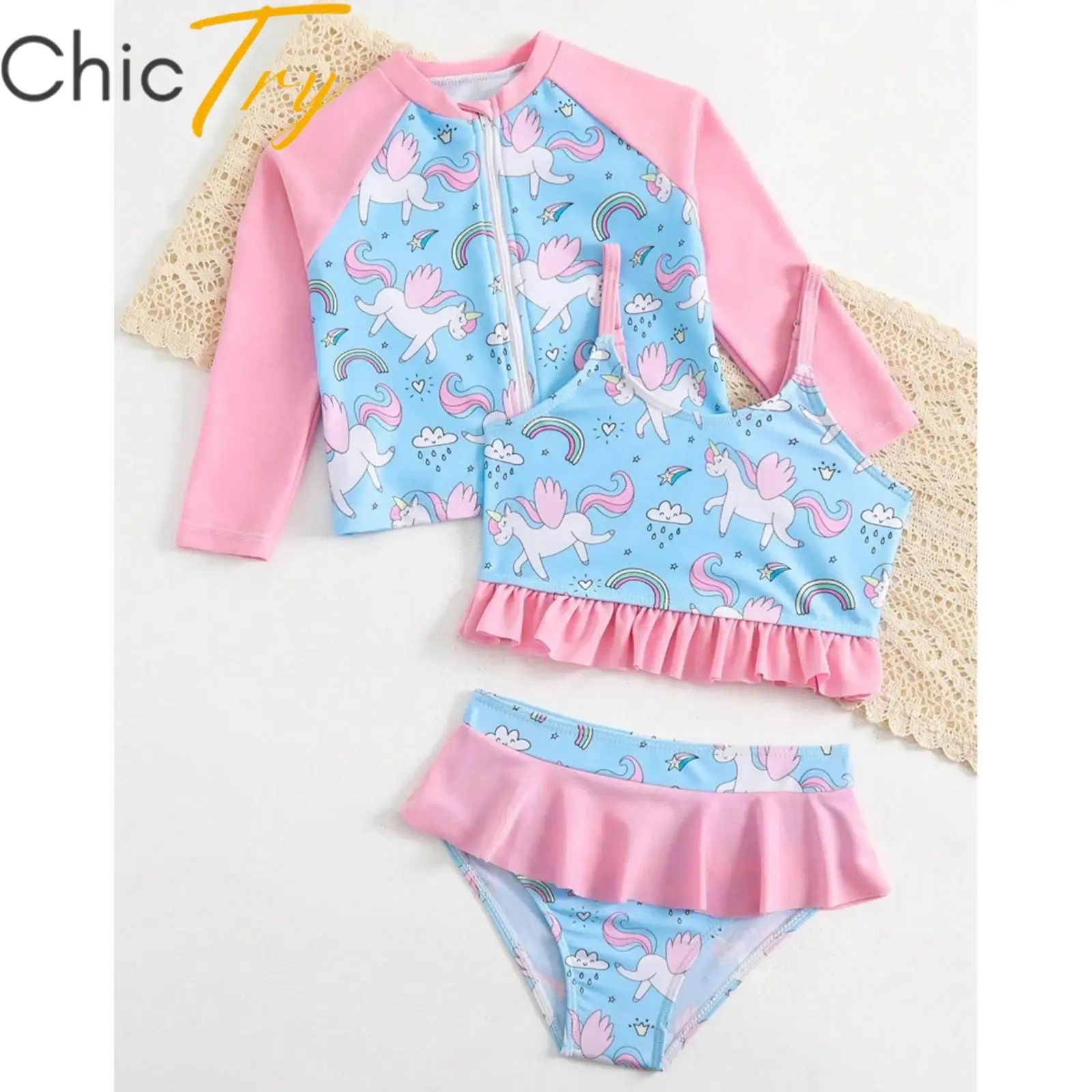 

Kids Girls Swim Sets 3-Piece Swimsuit Long Sleeve Zipper Sun Protection Outerwear with Ruffle Hem Tops and Briefs Bathing Suits